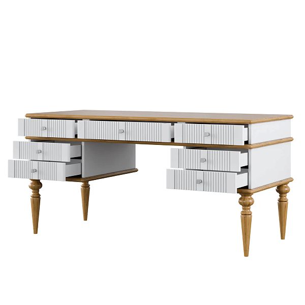 Изображение рабочий белый стол письменный в детскую или кабинет в стиле лофт или скандинавском стиле классика коллекции "Рандеву" 07 (белый лак/антик 24, серый 7042/антик 24) из массива сосны, 157,5х77,7х70 для ребенка или подростка