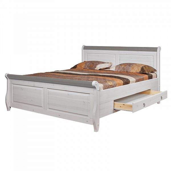 Изображение кровать скандинавский стиль классика коллекции Мальта М-160 с ящиками из массива сосны цвета антик, белый воск, колониал и серый
