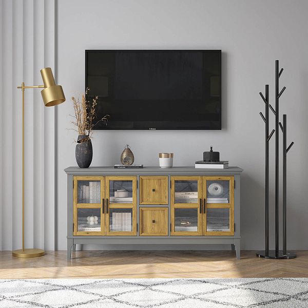 Фото каталог тумба ТВ в гостиную или в спальню из массива сосны "Квадро-С" 42 цвет белый лак, белый лак-антик 24, серый 7042-антик 24, светлый, размеры 1512х765х420 в классическом стиле в интернет-магазине СиВер