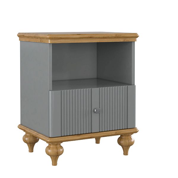 Изображения интерьерное фото прикроватная тумба в стиле неоклассика, лаконичный универсальный дизайн, тумба прикроватная "Рандеву" 01 493x635x405 (белый лак/антик 24, серый 7042/антик 24) из массива сосны в спальню или детскую