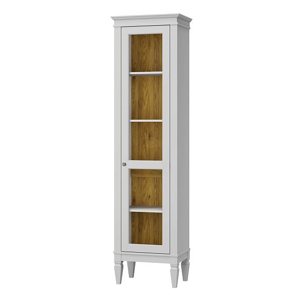 Фото шкаф для посуды из массива сосны в гостиную в стиле лофт или скандинавском стиле коллекция "Ольса-С" цвет белый лак, серый 7042, светлый дерево размеры 54х203х36 в интернет-магазине СиВер