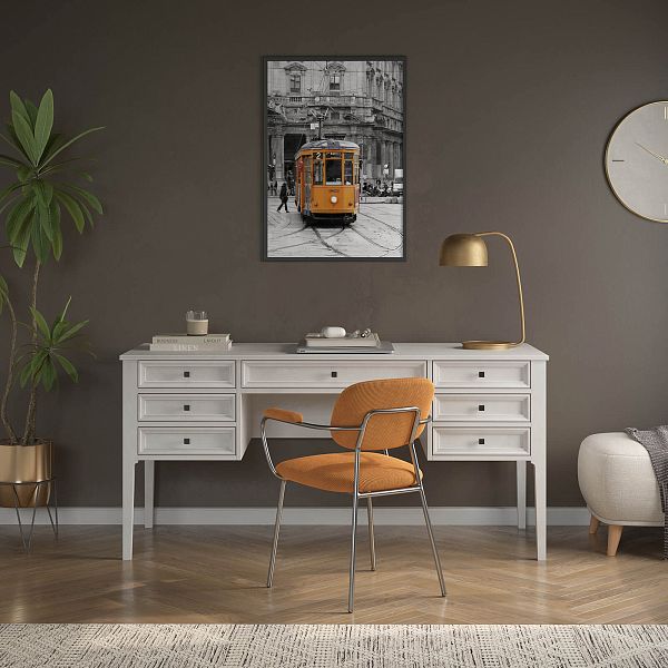 Изображение рабочий стол письменный в детскую или кабинет в стиле лофт или скандинавском стиле классика коллекции "Квадро-С" 07 размеры 1582х760х660 мм (цвет белый лак, белый лак/антик 24, серый 7042/антик 24) для ребенка или подростка