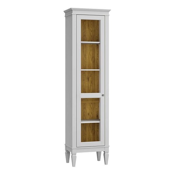 Фото шкаф для посуды из массива сосны в гостиную в стиле лофт или скандинавском стиле коллекция "Ольса-С" цвет белый лак, серый 7042, светлый дерево размеры 54х203х36 в интернет-магазине СиВер