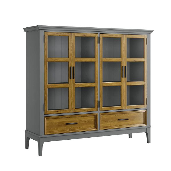 Фото шкаф для посуды из массива сосны в гостиную в стиле кантри коллекция «Квадро-С» цвет белый лак, белый лак-антик 24, серый 7042-антик 24, дерево размеры 1384x1272x420 в интернет-магазине СиВер