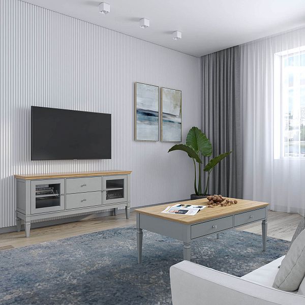 Фото каталог тумба ТВ в гостиную или в спальню из массива сосны Ольса 22 (1600) цвет белый лак, белый лак-антик 24, серый 7042-антик 24, светлый, размеры 1660х734х400 в классическом стиле в интернет-магазине СиВер