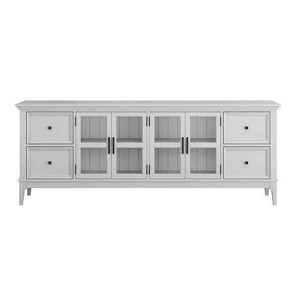 Фото каталог тумба ТВ в гостиную или в спальню из массива сосны "Квадро-С" 44 цвет белый лак, белый лак-антик 24, серый 7042-антик 24, светлый, размеры 1996х765х420 в классическом стиле в интернет-магазине СиВер