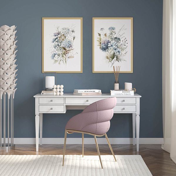 Изображение рабочий стол письменный в детскую или кабинет в стиле лофт или скандинавском стиле классика коллекции "Ольса-С" 005, размеры 147х76х59 см. (цвет белый лак, белый лак/антик 24, серый 7042/антик 24) для ребенка или подростка