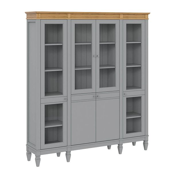 Фото пример широкий стеллаж с квадратными полками из массива сосны в гостиную в стиле лофт или скандинавский коллекция Ольса цвет белый лак, белый лак/антик 24, серый 7042, серый 7042/антик 24, светлый, дерево размеры 181,5х202х38 в интернет-магазине СиВер