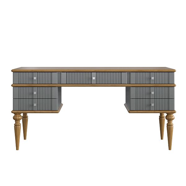 Изображение рабочий белый стол письменный в детскую или кабинет в стиле лофт или скандинавском стиле классика коллекции "Рандеву" 07 (белый лак/антик 24, серый 7042/антик 24) из массива сосны, 157,5х77,7х70 для ребенка или подростка