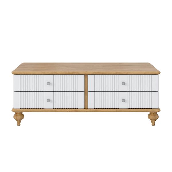 Фото столик журнальный на ножках, из массива сосны и МДФ с четырьмя ящиками в гостиную в стиле кантри коллекция "Рандеву" цвет белый лак-антик 24, серый 7042-антик 24, дерево, размеры 1241х463х682 в интернет-магазине СиВер