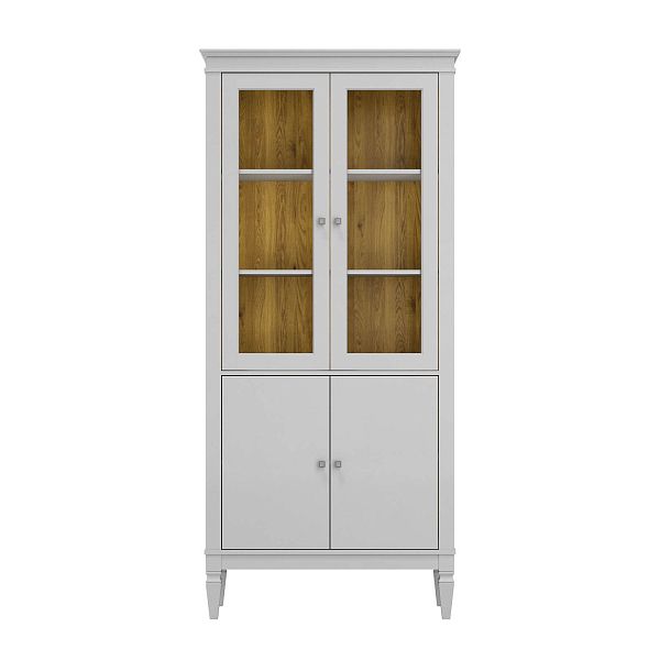 Фото шкафа для посуды из массива сосны в гостиную в стиле лофт или скандинавском стиле коллекция "Ольса-С" цвет белый лак, серый 7042-антик 24, светлый дерево размеры 927х2029х356 в интернет-магазине СиВер