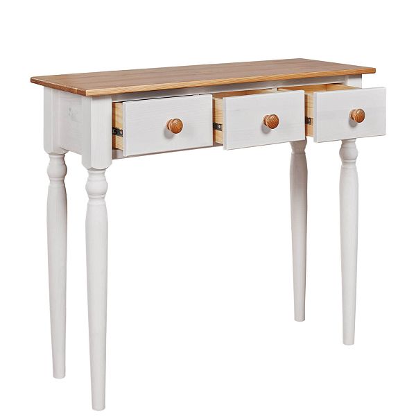 Изображение в интерьере консоль коллекция Консолеа-3 размеры в см 85x75x32 с тремя ящиками - мебель из натурального дерева массива сосны недорого по доступной цене интернет-магазине СиВер белорусского производства ММЦ с доставкой по России