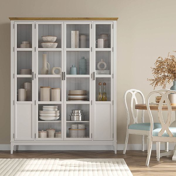 Фото Шкаф для книг «Квадро-С» 422С из массива сосны в гостиную в стиле кантри коллекция «Квадро-С» цвет белый лак, белый лак-антик 24, серый 7042-антик 24, дерево размеры 1643х2047х421 в интернет-магазине СиВер