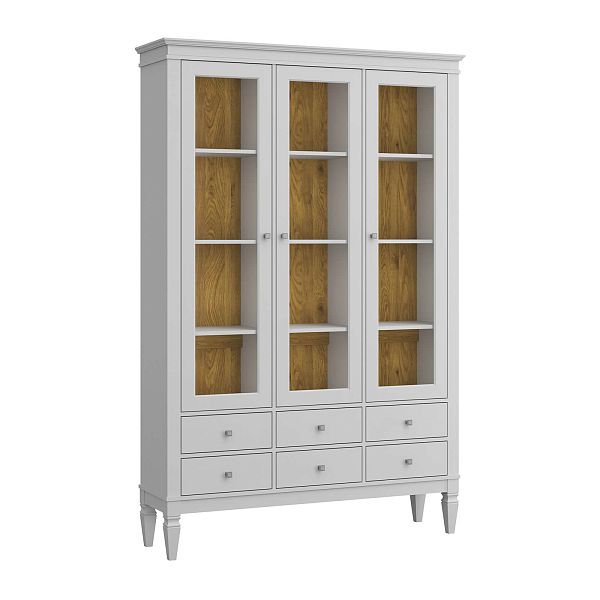 Фото шкафа для посуды из массива сосны в гостиную в стиле лофт или скандинавском стиле коллекция "Ольса-С" цвет белый лак, серый 7042-антик 24, светлый дерево размеры 1349х2029х356 в интернет-магазине СиВер