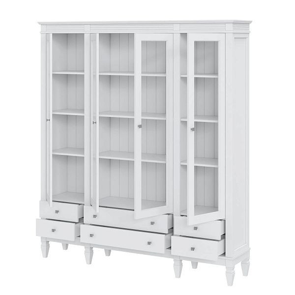 Фото пример широкий стеллаж с квадратными полками из массива сосны в гостиную в стиле лофт или скандинавский коллекция Ольса цвет белый лак, белый лак/антик 24, серый 7042, серый 7042/антик 24, светлый, дерево размеры 181,5х202х38 в интернет-магазине СиВер