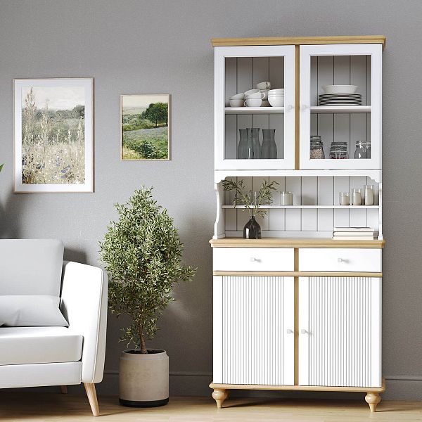 Фото стеллаж из массива сосны в гостиную в стиле кантри коллекция Рандеву цвет белый лак/антик 24, серый 7042-антик 24, дерево, размеры 979x2093x457 в интернет-магазине СиВер - успейте купить по скидке