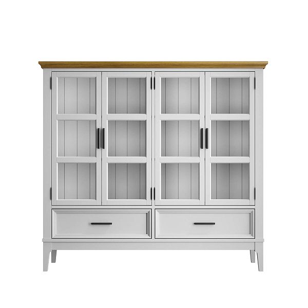 Фото шкаф для посуды из массива сосны в гостиную в стиле кантри коллекция «Квадро-С» цвет белый лак, белый лак-антик 24, серый 7042-антик 24, дерево размеры 1384x1272x420 в интернет-магазине СиВер