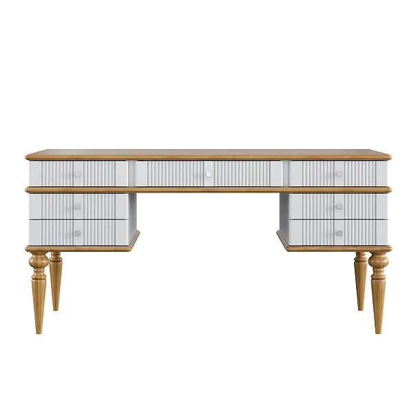 Изображение рабочий белый стол письменный в детскую или кабинет в стиле лофт или скандинавском стиле классика коллекции "Рандеву" 07 (белый лак/антик 24, серый 7042/антик 24) из массива сосны, 157,5х77,7х70 для ребенка или подростка