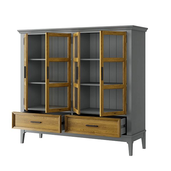 Фото шкаф для посуды из массива сосны в гостиную в стиле кантри коллекция «Квадро-С» цвет белый лак, белый лак-антик 24, серый 7042-антик 24, дерево размеры 1384x1272x420 в интернет-магазине СиВер