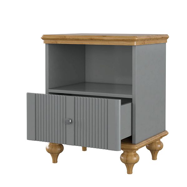 Изображения интерьерное фото прикроватная тумба в стиле неоклассика, лаконичный универсальный дизайн, тумба прикроватная "Рандеву" 01 493x635x405 (белый лак/антик 24, серый 7042/антик 24) из массива сосны в спальню или детскую