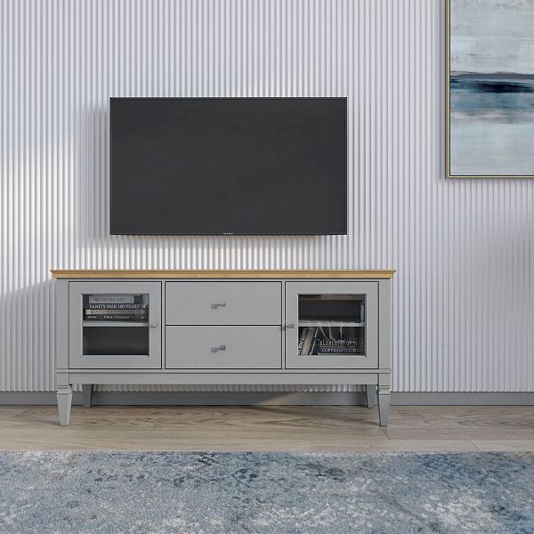 Фото каталог тумба ТВ в гостиную или в спальню из массива сосны Ольса 22 (1600) цвет белый лак, белый лак-антик 24, серый 7042-антик 24, светлый, размеры 1660х734х400 в классическом стиле в интернет-магазине СиВер