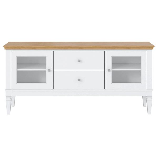 Фото каталог тумба ТВ в гостиную или в спальню из массива сосны Ольса 22 (1600) цвет белый лак, белый лак-антик 24, серый 7042-антик 24, светлый, размеры 1660х734х400 в классическом стиле в интернет-магазине СиВер