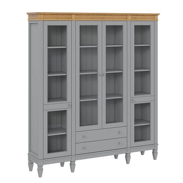 Фото пример широкий стеллаж с квадратными полками из массива сосны в гостиную в стиле лофт или скандинавский коллекция Ольса цвет белый лак, белый лак/антик 24, серый 7042, серый 7042/антик 24, светлый дерево размеры 181,5х202х38 в интернет-магазине СиВер