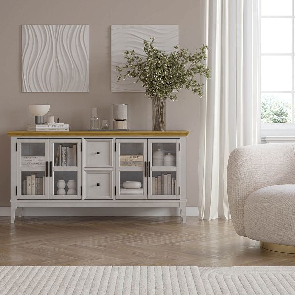 Фото каталог тумба ТВ в гостиную или в спальню из массива сосны "Квадро-С" 42 цвет белый лак, белый лак-антик 24, серый 7042-антик 24, светлый, размеры 1512х765х420 в классическом стиле в интернет-магазине СиВер