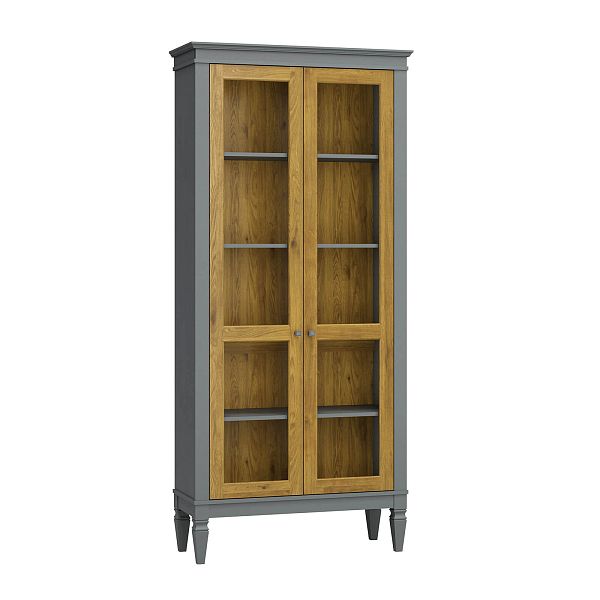 Фото шкафа для посуды из массива сосны в гостиную в стиле лофт или скандинавском стиле коллекция "Ольса-С" цвет белый лак, серый 7042-антик 24, светлый дерево размеры 927х2029х356 в интернет-магазине СиВер