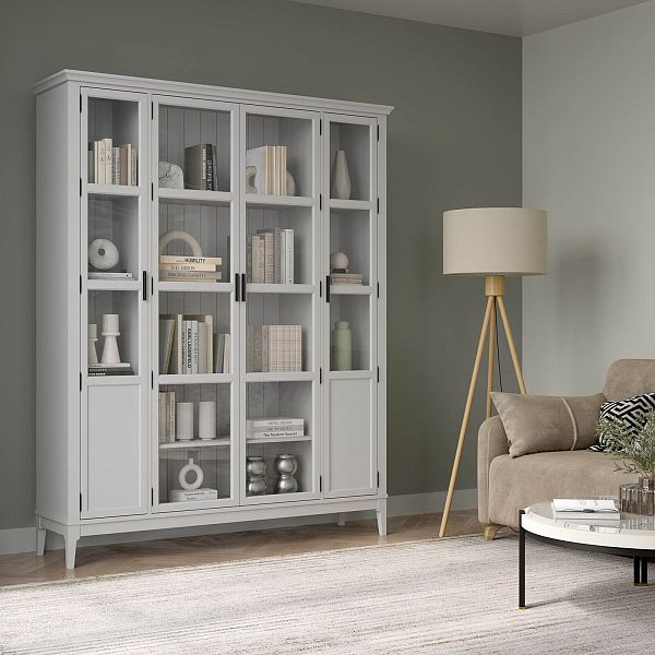 Фото Шкаф для книг «Квадро-С» 422С из массива сосны в гостиную в стиле кантри коллекция «Квадро-С» цвет белый лак, белый лак-антик 24, серый 7042-антик 24, дерево размеры 1643х2047х421 в интернет-магазине СиВер