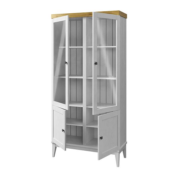 Фото шкаф для посуды из массива сосны в гостиную в стиле кантри коллекция «Бон Вояж» цвет белый лак-антик 24, серый 7042-антик 24, дерево размеры 1007х2035х401 в интернет-магазине СиВер