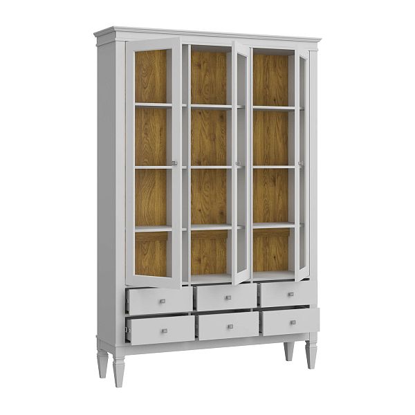 Фото шкафа для посуды из массива сосны в гостиную в стиле лофт или скандинавском стиле коллекция "Ольса-С" цвет белый лак, серый 7042-антик 24, светлый дерево размеры 1349х2029х356 в интернет-магазине СиВер