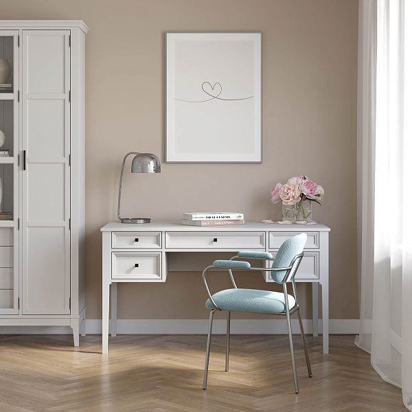 Изображение рабочий стол письменный в детскую или кабинет в стиле лофт или скандинавском стиле классика коллекции "Квадро-С" 05 размеры 1388х760х660 мм (цвет белый лак, белый лак/антик 24, серый 7042, серый 7042/антик 24) для ребенка или подростка