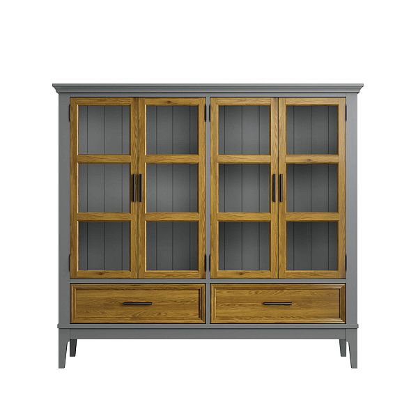 Фото шкаф для посуды из массива сосны в гостиную в стиле кантри коллекция «Квадро-С» цвет белый лак, белый лак-антик 24, серый 7042-антик 24, дерево размеры 1384x1272x420 в интернет-магазине СиВер