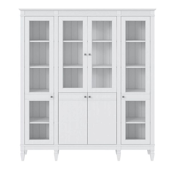 Фото пример широкий стеллаж с квадратными полками из массива сосны в гостиную в стиле лофт или скандинавский коллекция Ольса цвет белый лак, белый лак/антик 24, серый 7042, серый 7042/антик 24, светлый, дерево размеры 181,5х202х38 в интернет-магазине СиВер