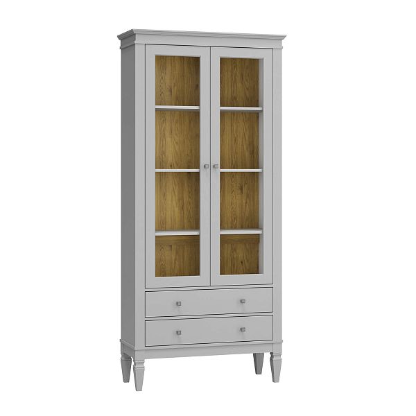 Фото Шкаф для посуды "Ольса-С" 202 из массива сосны в гостиную в стиле кантри коллекция "Ольса-С" цвет белый лак, серый 7042/антик 24, дерево, размеры 927х2029х356 мм. в интернет-магазине СиВер