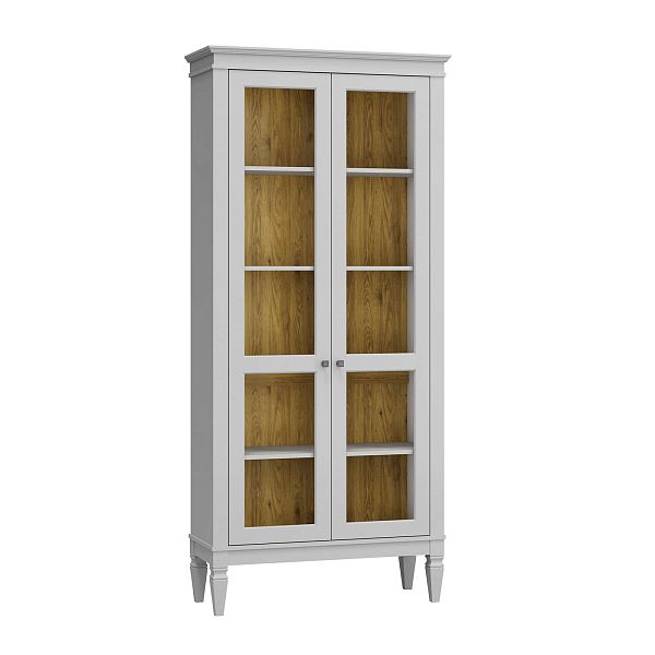 Фото шкафа для посуды из массива сосны в гостиную в стиле лофт или скандинавском стиле коллекция "Ольса-С" цвет белый лак, серый 7042-антик 24, светлый дерево размеры 927х2029х356 в интернет-магазине СиВер