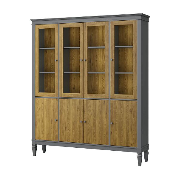 Фото шкафа для посуды из массива сосны в гостиную в стиле лофт или скандинавском стиле коллекция "Ольса-С" цвет белый лак, серый 7042-антик 24, светлый дерево размеры 1735х2029х356 в интернет-магазине СиВер