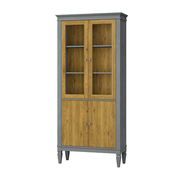 Фото шкафа для посуды из массива сосны в гостиную в стиле лофт или скандинавском стиле коллекция "Ольса-С" цвет белый лак, серый 7042-антик 24, светлый дерево размеры 927х2029х356 в интернет-магазине СиВер