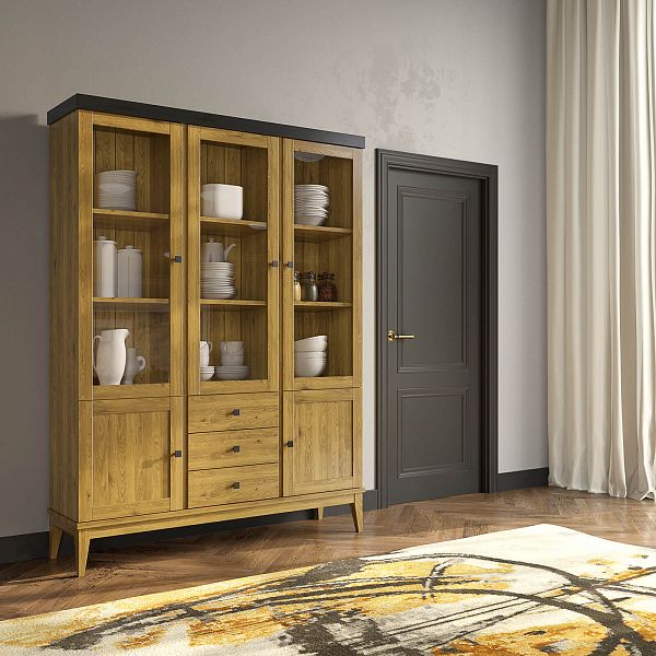 Фото шкаф для посуды из массива сосны в гостиную в стиле кантри коллекция «Бон Вояж» цвет антик 24-колониал, дерево размеры 1514х2035х401 в интернет-магазине СиВер