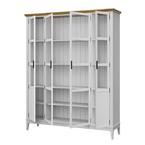 Фото Шкаф для книг «Квадро-С» 422С из массива сосны в гостиную в стиле кантри коллекция «Квадро-С» цвет белый лак, белый лак-антик 24, серый 7042-антик 24, дерево размеры 1643х2047х421 в интернет-магазине СиВер