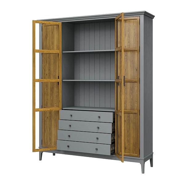 Фото Шкаф для книг «Квадро-С» 422Ф/04 из массива сосны в гостиную в стиле кантри коллекция «Квадро-С» цвет белый лак, белый лак-антик 24, серый 7042-антик 24, дерево размеры 1643х2047х421 в интернет-магазине СиВер