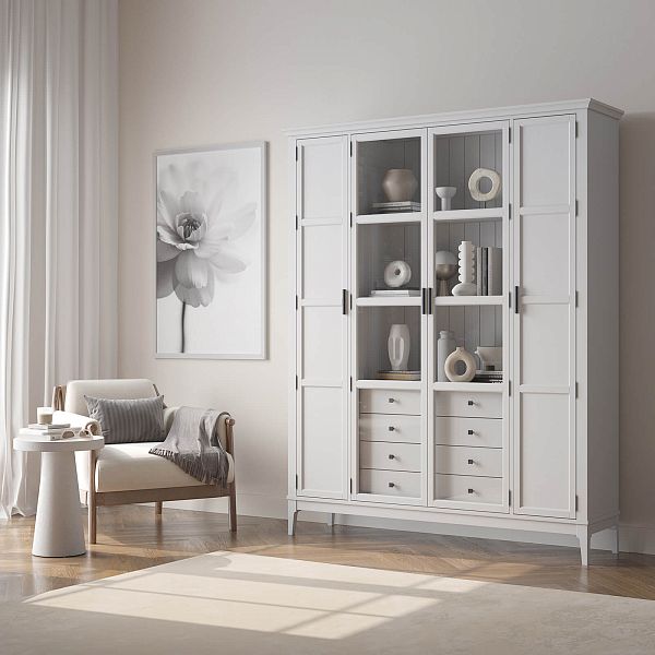 Фото Шкаф для книг «Квадро-С» 422Ф/04 из массива сосны в гостиную в стиле кантри коллекция «Квадро-С» цвет белый лак, белый лак-антик 24, серый 7042-антик 24, дерево размеры 1643х2047х421 в интернет-магазине СиВер