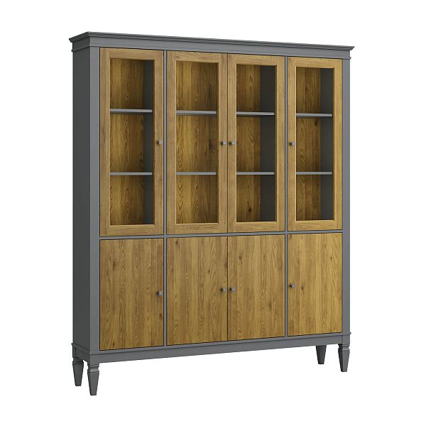 Фото шкафа для посуды из массива сосны в гостиную в стиле лофт или скандинавском стиле коллекция "Ольса-С" цвет белый лак, серый 7042-антик 24, светлый дерево размеры 1735х2029х356 в интернет-магазине СиВер