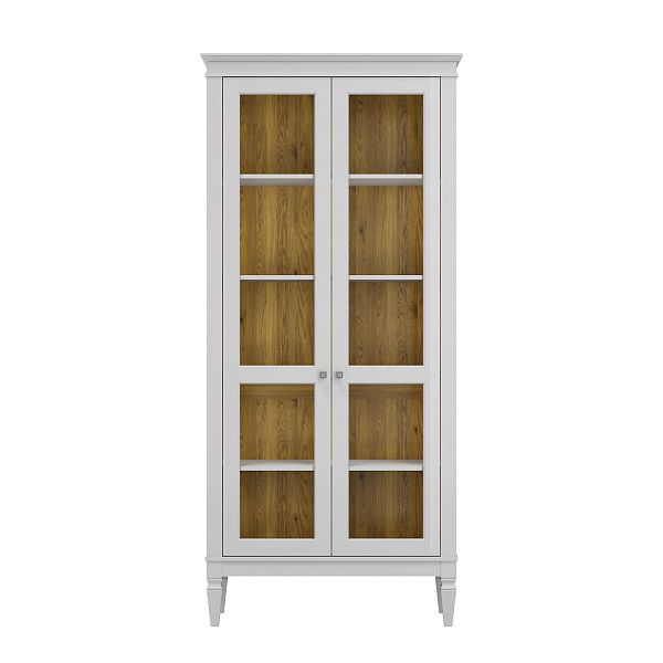 Фото шкафа для посуды из массива сосны в гостиную в стиле лофт или скандинавском стиле коллекция "Ольса-С" цвет белый лак, серый 7042-антик 24, светлый дерево размеры 927х2029х356 в интернет-магазине СиВер