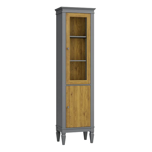 Фото Шкаф для посуды "Ольса-С" 110 из массива сосны в гостиную в стиле кантри коллекция "Ольса-С" цвет белый лак, серый 7042/антик 24, дерево, размеры 541х2029х356 мм. в интернет-магазине СиВер