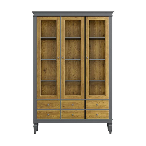 Фото шкафа для посуды из массива сосны в гостиную в стиле лофт или скандинавском стиле коллекция "Ольса-С" цвет белый лак, серый 7042-антик 24, светлый дерево размеры 1349х2029х356 в интернет-магазине СиВер