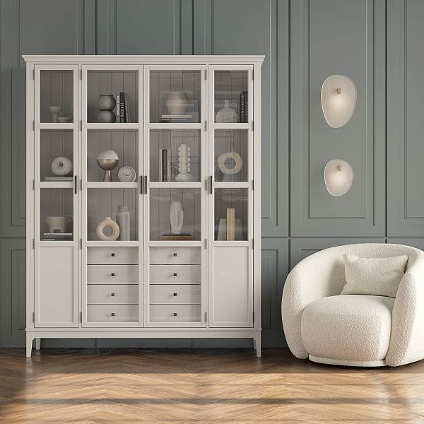 Фото Шкаф для книг «Квадро-С» 422С/04 из массива сосны в гостиную в стиле кантри коллекция «Квадро-С» цвет белый лак, белый лак-антик 24, серый 7042-антик 24, дерево размеры 1643х2047х421 в интернет-магазине СиВер