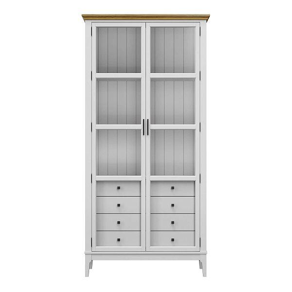 Фото Шкаф для книг «Квадро-С» 220/04 из массива сосны в гостиную в стиле кантри коллекция «Квадро-С» цвет белый лак, белый лак-антик 24, серый 7042-антик 24, дерево размеры 995х2047х421 в интернет-магазине СиВер