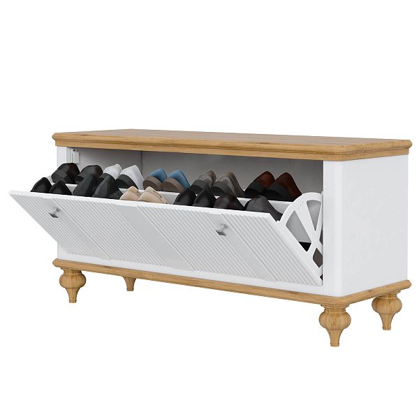 Фото тумба под обувь «Рандеву» 10, цвет белый лак/антик 24, серый 7042/антик 24, размер 1132x557x384 из массива сосны в интернет-магазине СиВер